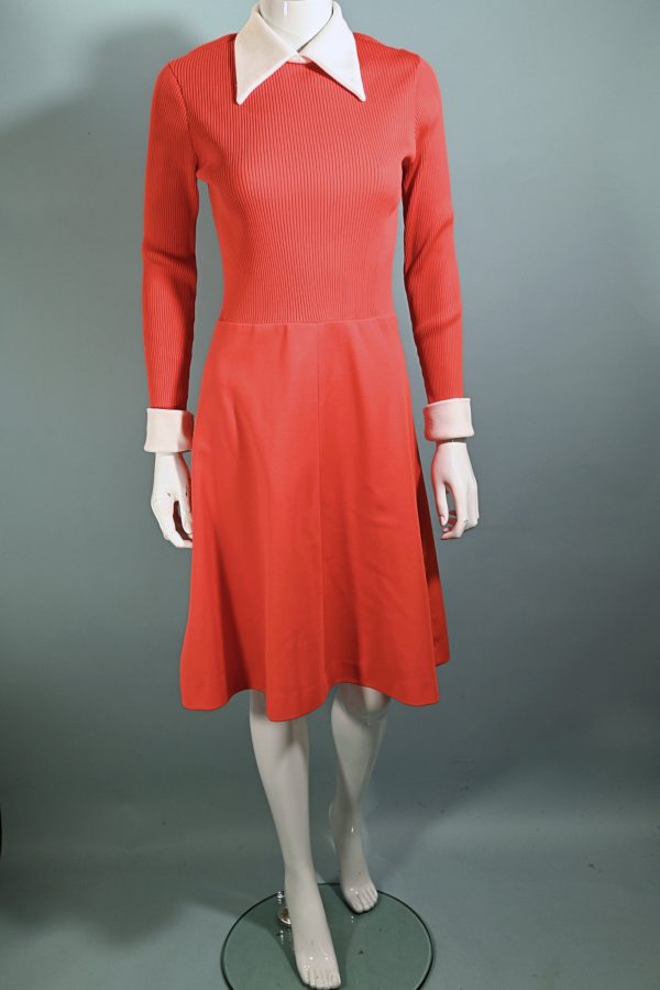 Vintage 60s Orange Mod Dress, 1960s Knit Dress + White Collar Cuffs S M Sale