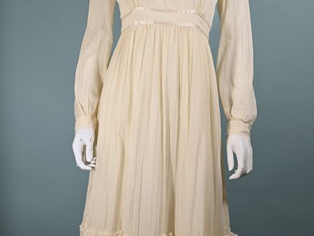 Gunne Sax Cream Gauze & Lace Midi Dress, Cottagecore Prairie Dress S on Sale