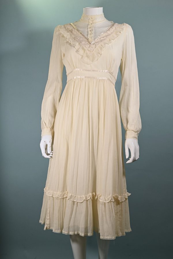 Gunne Sax Cream Gauze & Lace Midi Dress, Cottagecore Prairie Dress S on Sale