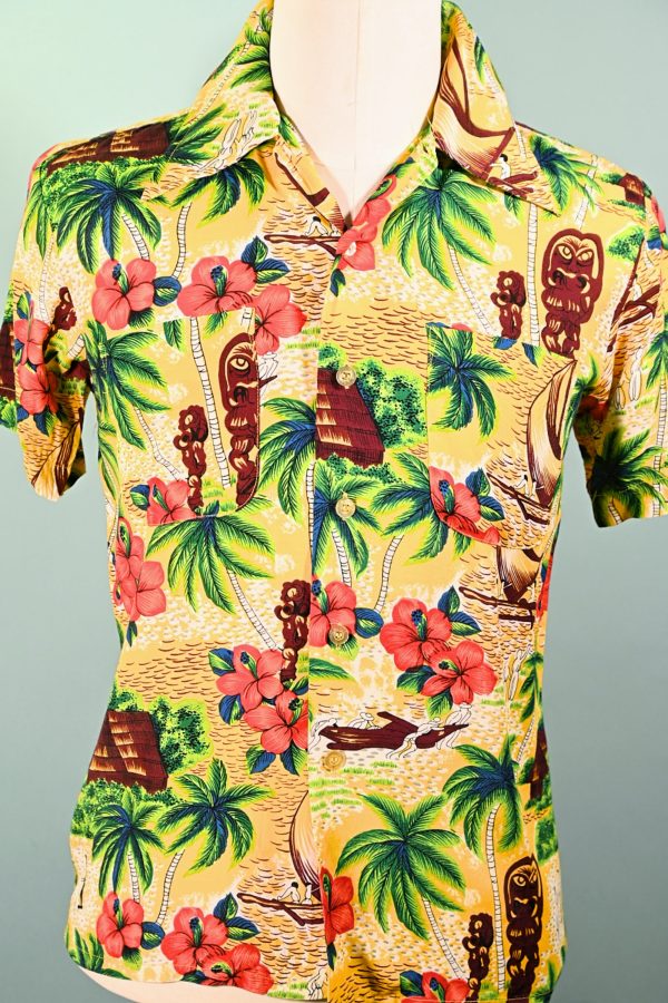 K-Mart Vintage 50s 60s Rayon Hawaiian Shirt, Aloha Bright Tiki Shirt S Hot on Sale