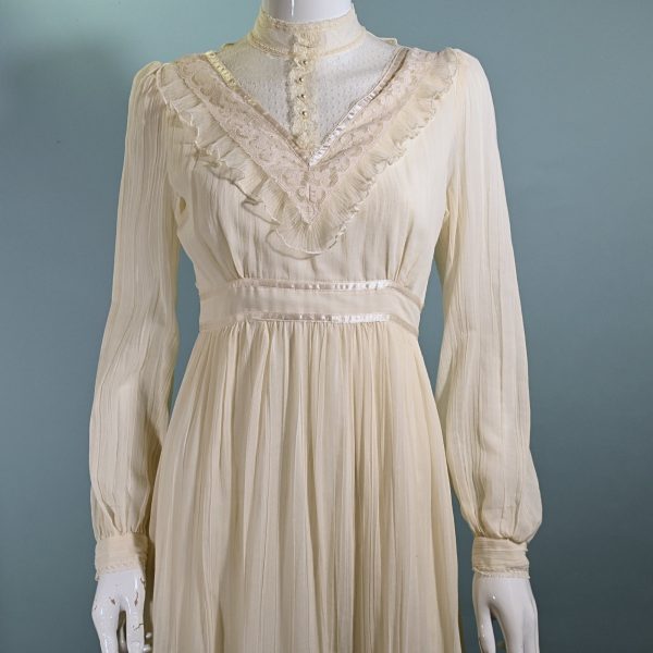 Gunne Sax Cream Gauze & Lace Midi Dress, Cottagecore Prairie Dress S on Sale