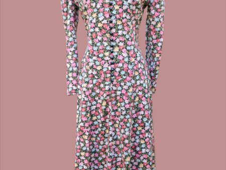 90s Grunge Floral Print Midi Dress, 70s Style Dress, Sash Tie at Back S Online Hot Sale