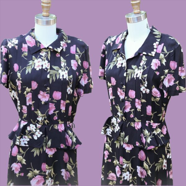 Vintage 90s does 40s Peplum Floral Dress, Navy Pink Print, Karin Stevens SZ 8 For Cheap