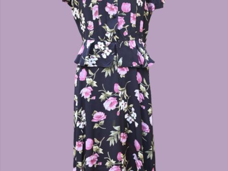 Vintage 90s does 40s Peplum Floral Dress, Navy Pink Print, Karin Stevens SZ 8 For Cheap