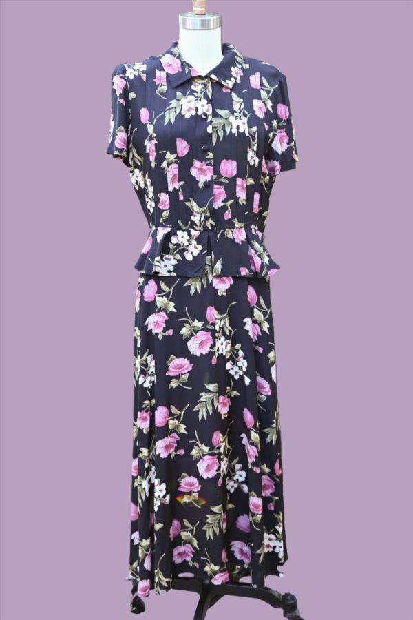 Vintage 90s does 40s Peplum Floral Dress, Navy Pink Print, Karin Stevens SZ 8 For Cheap