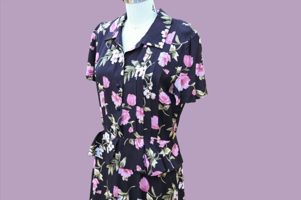 Vintage 90s does 40s Peplum Floral Dress, Navy Pink Print, Karin Stevens SZ 8 For Cheap