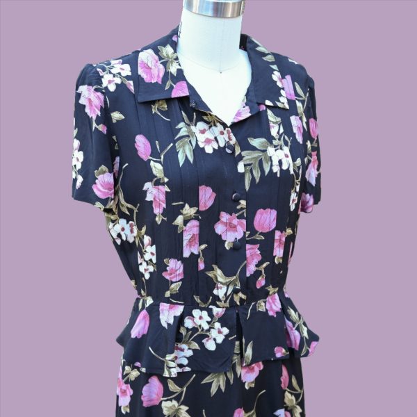 Vintage 90s does 40s Peplum Floral Dress, Navy Pink Print, Karin Stevens SZ 8 For Cheap